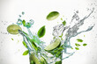 Water splash on white background with lime slices, mint leaves, and ice cubes as a concept for summertime libations. Generative AI