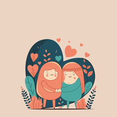 Canvas Print - Character of Arabian Couple Embracing Together, Heart Shapes, Leaves On Pastel Peach Background And Copy Space.