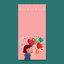 Cartoon Young Girl Holding Bunch Of Colorful Heart Balloons On Pastel Red Scribble Background And Copy Space.