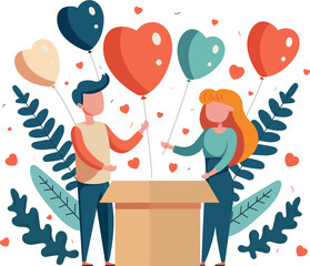 Sticker - Vector Cartoon Young Couple Standing With Heart Balloons Coming Out Of Box, Leaves.