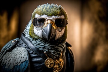 Parrot in gangster look with wearing sunglasses and gold chain and expensive leather jacket. leather jacket. Bird portrait. Generative AI