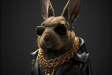 Rabbit in gangster look with wearing sunglasses and gold chain and expensive leather jacket. leather jacket. animal portrait. Generative AI