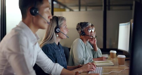 Aufkleber - Senior call center employee, woman and contact us, CRM and working in customer service, computer at desk. Phone call, telemarketing and diversity, writing in notebook in coworking space and headset