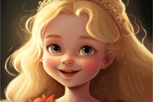 Cute Smiling Baby Girl Blond With Golden Crown.Princess With Long Blond Hair In Cartoon Hand Drawn Style.AI Generated.