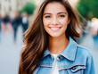 Portrait of young teenager girl with brown hair and jeans jacket. Blurry background. Generative AI.