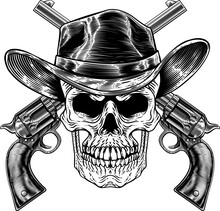 A Cowboy Grim Reaper Skull Wearing A Country Or Western Style Hat With Pirate Cross Bones Of Guns Or Pistols Old Vintage Revolvers