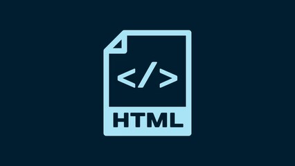 White HTML file document. Download html button icon isolated on blue background. HTML file symbol. Markup language symbol. 4K Video motion graphic animation