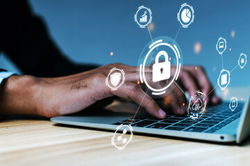 Wall Mural - Cyber Security. business man hand working on laptop computer with virtual graphic icon diagram on desk at office, contact us, digital marketing, business finance, internet network technology concept