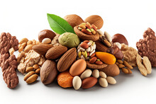 Various Delectable Nuts Piled High And Isolated On A White Backdrop. Generative AI