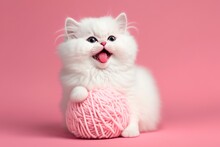 Ragdoll Cat, Small Cute Kitten Portrait On Funny Knott Pillow On Pink Background. Pedigree Pet, Kitten Playing Pink Clew Or Ball Isolated. Generative Ai