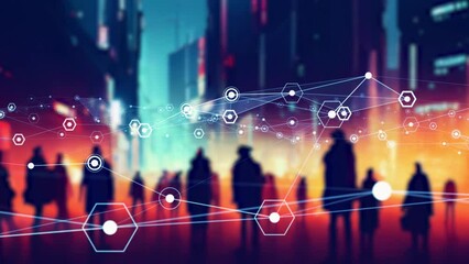 Poster - Group of people in the city and communication network concept.