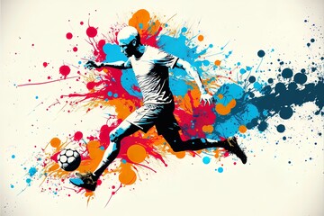 Soccer player with a graphic trail and color splash background. Generative AI