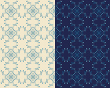 Geometric Folklore Mandala Ornamental Seamless Pattern. Decorative Flourish, Leaves, Circle Shapes, Outline Grid. Transparent Background. Blue Tones Color Palette