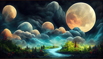 Wall Mural - Abstract fairy tale forest landscape background with full moon and dark clouds