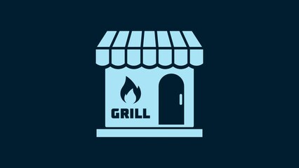 Sticker - White Barbecue shopping building or market store icon isolated on blue background. BBQ grill party. Shop construction. 4K Video motion graphic animation