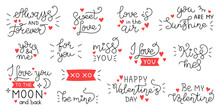 Vector Valentines Day Set Of Handwritten Lettering Phrases. Collection Of Black Love Text With Red Hearts. Romantic Quotes For Greeting Cards Or Banners.