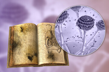 Canvas Print - Open antique book with black mold on its pages and close-up view of mold fungi Aspergillus