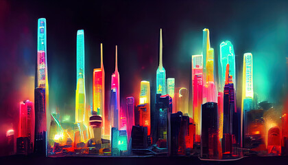 Busy futuristic city skyline at night with many neon lights