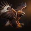 Generative AI illustration of powerful golden eagle in flight with wide open wings