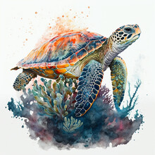 Generative AI Illustration Of Watercolour Style Image Of Endangered Hawksbill Turtle Swimming Underwater In The Ocean