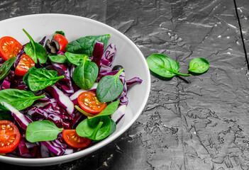 Sticker - Vegetable salad. Red cabbage, tomato and spinach salad with olive oil.