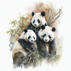 Wall Mural - Generative AI illustration of watercolour style image of endangered giant pandas in bamboo forest jungle landscape