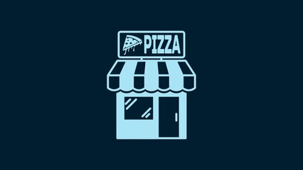 Sticker - White Pizzeria building facade icon isolated on blue background. Fast food pizzeria kiosk. 4K Video motion graphic animation