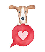Watercolour Illustration Of Little Cute Dog Holding Huge Speech Balloon With Love Heart Inside. Hand Painted Sketchy Drawing, Isolated Clipart Element For Design Decoration, Greeting Card, Banner.