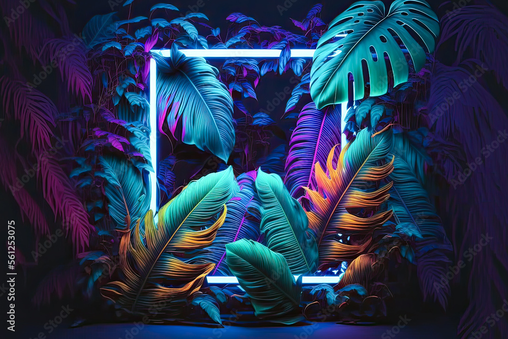 Colorful tropical leaves with neon frame on dark background. Generative ...