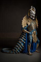 Dragon warrior in Skull mask and golden and Blue costumes and wings 