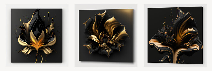 Wall Mural - 3d wallpaper for wall frames fractal flowers golden and black liquid marble background. Resin geode and abstract art, functional art, like geode painting. Ai generated art
