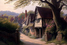 Oil Painting Of An Old Fashioned Quintessential English Country Village In A Rural Landscape Setting With An Elizabethan Tudor Thatched Cottage, Computer Generative AI Stock Illustration Image