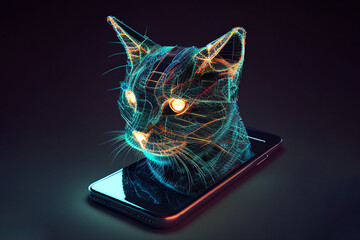 Wall Mural - neural network of a cat head projecting from a mobile phone with big data and artificial intelligenc