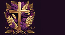 Gold Cross Crucifix Sign With Spiny Vine And Palm Leaves Around On Purple Background Banner, Generative AI