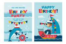 Set Of Happy Birthday, Holiday, Baby Shower Celebration Greeting And Invitation Card. Cute Cartoon Puppy, Dog, Sailor, Dolphin, Ship, Sea. Vector Illustration. Poster Template.