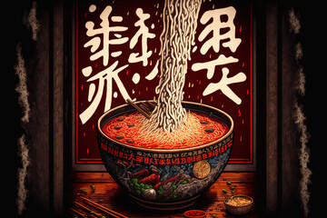 Wall Mural - Invincible Great Gate spicy Sichuan Dandan noodles with chopsticks in a traditional Japanese ramen shop, with a ramen bowl and Japanese letters sake barrel. Generative AI