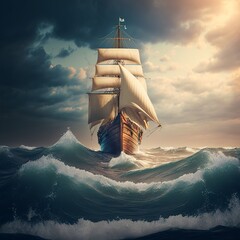 Old navy ship in the sea. Big waves are around the galleon. Generative AI.