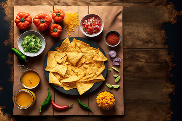 Delicious dish of yellow corn tortilla chips on table with copy space, cheese, meat, guacamole, and hot, spicy salsa. Generative AI