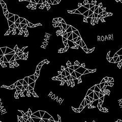 Wall Mural - Geometric Style Dinosaurs Seamless Pattern. Cartoon Dinosaurs Seamless Repeat Pattern. Hand Drawn Seamless Design