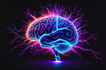 Wall Mural - Neon brain on a black background. Created with generative Ai technology.