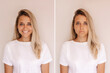 © Марина Демешко - Two portraits of a young caucasian blonde woman in a white t-shirt: cheerful and sad isolated on a beige background. Before and after. A smile affects appearance. Negative and positive emotions