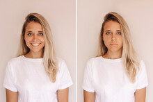Two Portraits Of A Young Caucasian Blonde Woman In A White T-shirt: Cheerful And Sad Isolated On A Beige Background. Before And After. A Smile Affects Appearance. Negative And Positive Emotions