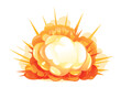 © Oceloti - Big cartoon bomb explosion with shrapnel and fireball, isolated on white, bright fiery explosion with yellow clubs of smoke on horizontal surface