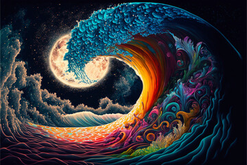 big sea wave against the background of the moon in bright colors, art, model for paintings,  generated ai