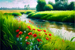 Landscape of a red poppy field by a river on a spring day in watercolor style. Generative AI technology.