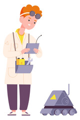 Wall Mural - kid engineer with robot. boy testing space rover bot