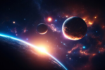Aufkleber - abstract space landscape with planets and flashes of stars and comets in blue and red colors