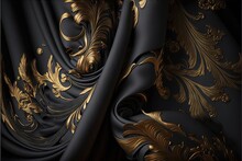  A Black And Gold Wallpaper With A Large Pattern Of Leaves And Flowers On It's Side And A Black Background With Gold Accents On The Edges And Bottom Of The Image Is A., Generative Ai