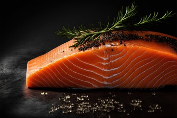  a piece of salmon with a sprig of rosemary on top of it and seasoning on the side of it on a black surface with a black background with a few small bits of grain., generative ai