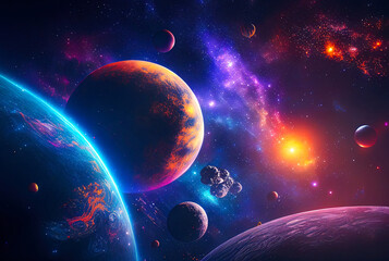 Aufkleber - abstract space landscape with planets and flashes of stars and comets in blue and red colors